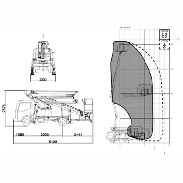 Nacela cu brat telescopic dublu articulat montata pe autosasiu COMET Euro Sky 21/2/9 HQ-H+H H 21m L 9m 260KG - imagine 2